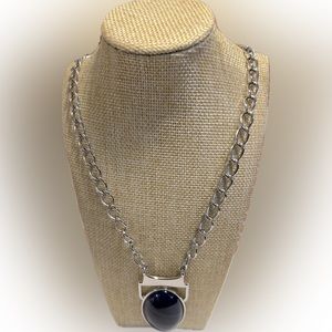 Lia Sophia long silver tone chain necklace with blue pendant